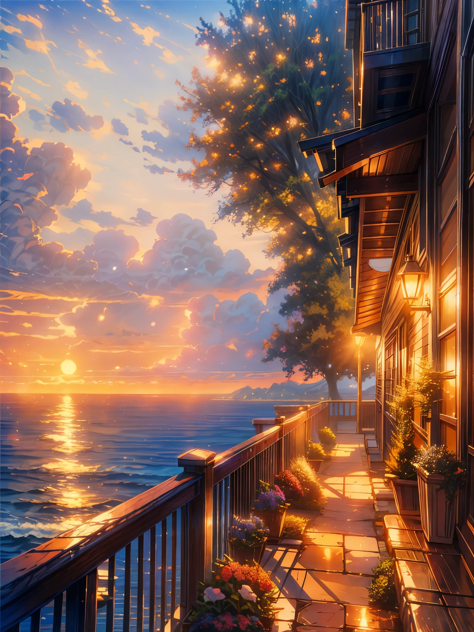 a painting of a sunset over the ocean, by Evgeny Lushpin, atmospheric painting, ( ( thomas kinkade ) ), gorgeous romantic sunset, atmospheric dreamscape painting, dream scenery art, romanticism painting, violet and yellow sunset, atmospheric artwork, thomas kinkade style painting, by thomas kinkade, by Thomas Kinkade, by Igor Zenin, dreamy atmospheric