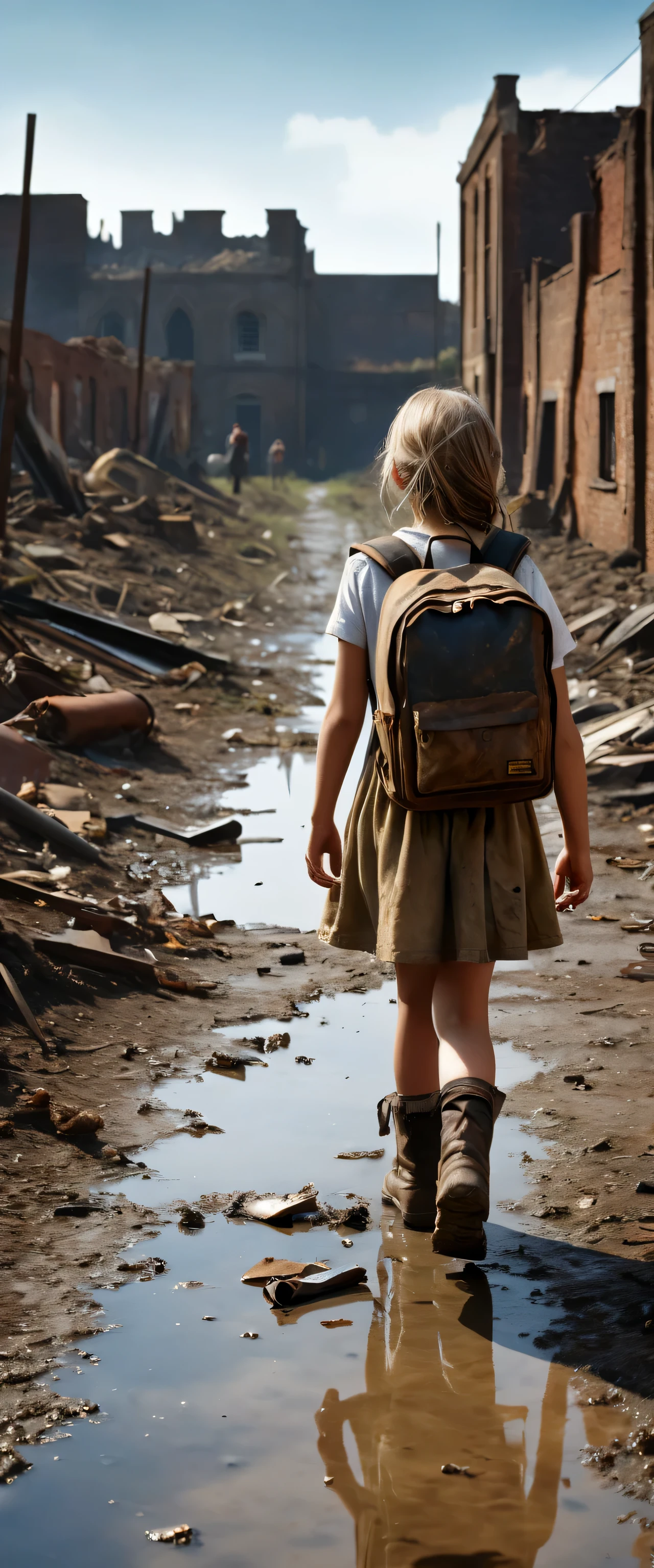 ((Wilderness Landscape Photography)),The wilderness spreads on one side,Remains of buildings,Burnt tree々,walking in a wilderness１０Year old girl:White:Bronze Hair,Back view,rucksack,The World War is over,But my dead mother won&#39;t come back,Feelings of despair,sorrow,pessimism,Longing,Expressing the feelings of a young girl who longs for her mother,A scene from a movie,England,Moderately dirty,Survivors々Expressing relief and sorrow,They have to leave here soon.,farewell,hard,Photorealistic,Realistic texture,Realistic dirt,masterpiece,Intricate details,National Geographic,highest quality,Post-Apocalyptic Wasteland,Focus on the girl,Realistic Light and Shadow,People traveling with luggage々Place in the background,The sky is clear and blue,puddle:reflection