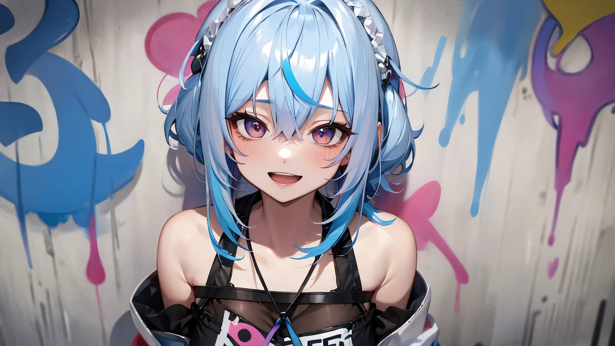 masterpiece, high quality, highres, absurdres, ultra-detailed, 8k, 1girl, platinum grey hair, blue hair, multicolored hair, gradient hair, looking at viewer, colorful eyes, colorful hoodie, (graffiti murals wall background:1.15), brilliant colorful paintings, bloom, portrait, open mouth, waist bag, against wall, bangs, shadow, reflection, Graffiti face, colourful eyes, open mouth, yandere expression, smile, look at viewer