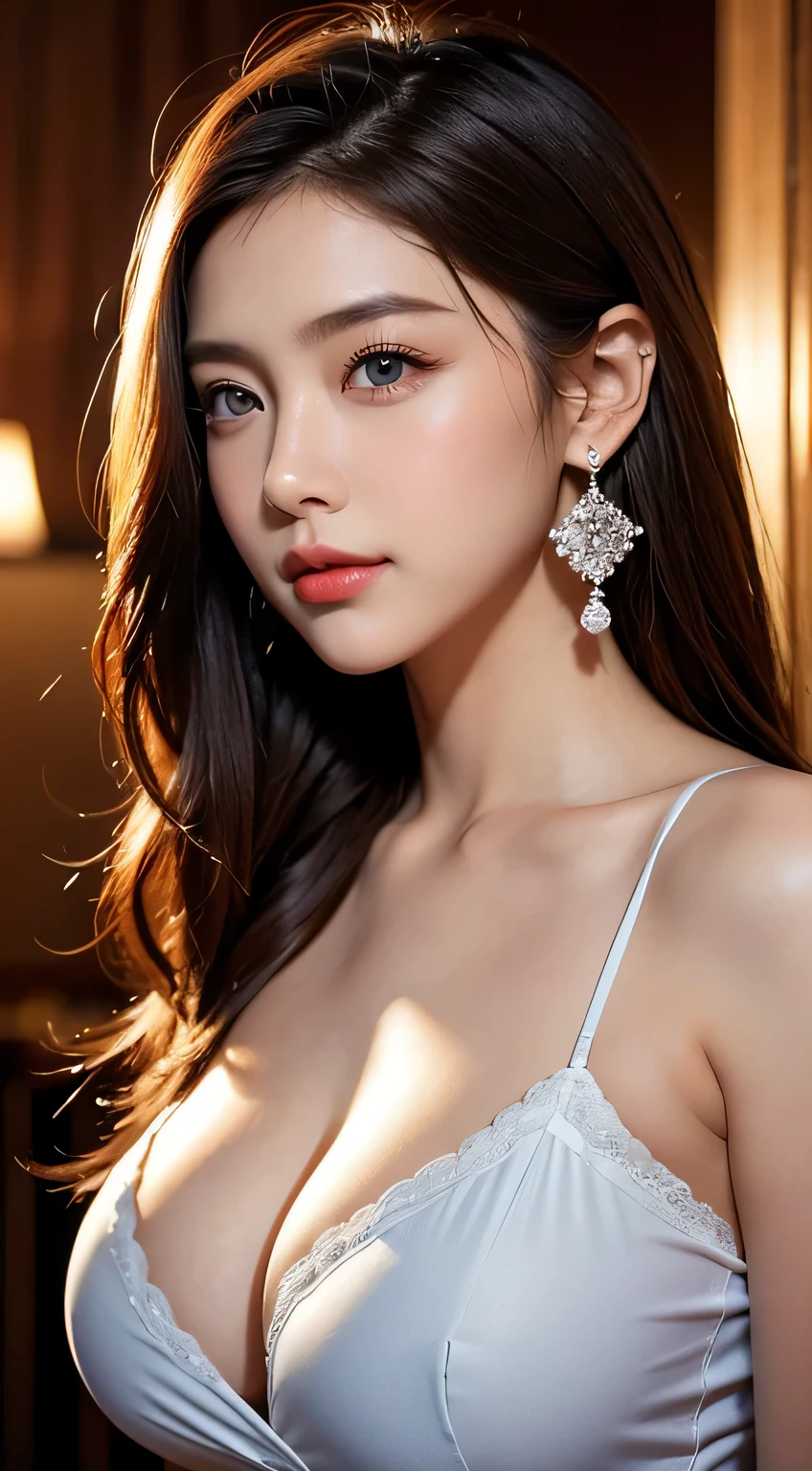Beautiful urban college girl、masterpiece、light makeup、Red lips、Silver Hair、Disheveled long hair、Background of the cityscape、beautifully、elegant。 Extremely fine detail、masterpiece、Authentic texture、Realism in film lighting、Perfect job、16k、HD 、Exquisite facial features、blue eyes、Japanese Idols、Beautiful Face、Cute smile、brown hair、Beautiful Hair、glamorous、Big Breasts、Big Breasts、Big Breasts、Cleavage,Erect nipples、Greasy muscles、Glowing Skin、Sunburn、Shining Brown Skin、 Wearing a sexy camisole、Viewed from the front、Big and patchy eyes、Smooth skin、Earrings、necklace、Tattoo