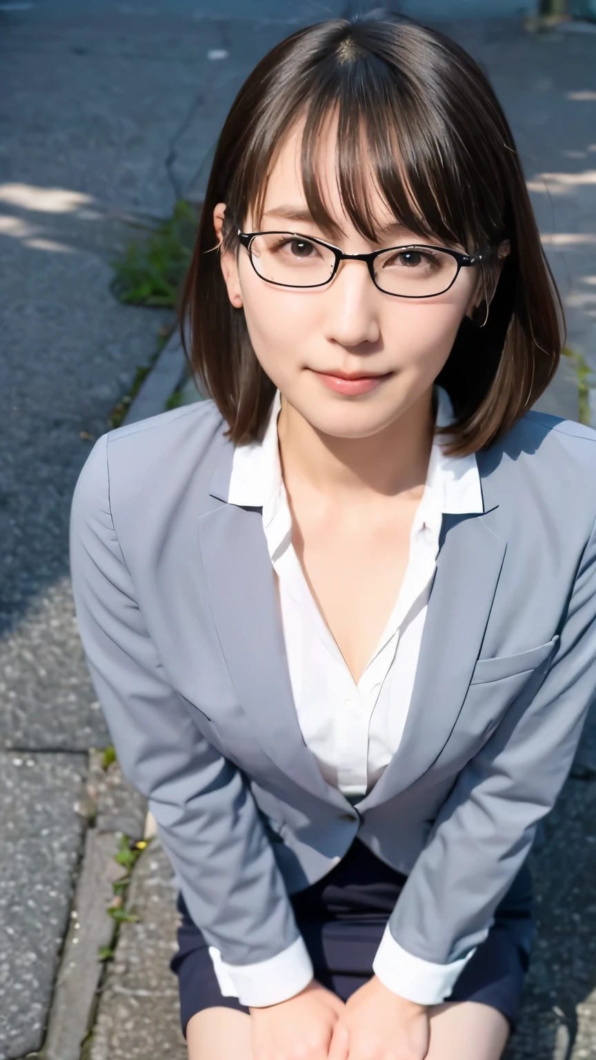 1 female,Beauty,Small glasses,Beautiful face,smile,Crouching and watching the viewer,Office Lady,In a suit,A dignified appearance,Perfect Style,Take off your jacket,Cleavage,focus on the chest,,View from above,Front view,Ultra-realistic,Ultra high definition,Highest quality,8K,Masterpiece