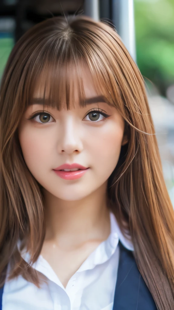 Best quality, 8k, ,Masterpiece :1.3)), facing viewer,((full body1.2)) ,pretty woman, wide shot ,1girl, , selfie , , Bus Stop,, brown hair , bangs,ultra-detailed face, highly detailed lips, detailed eyes, double eyelid