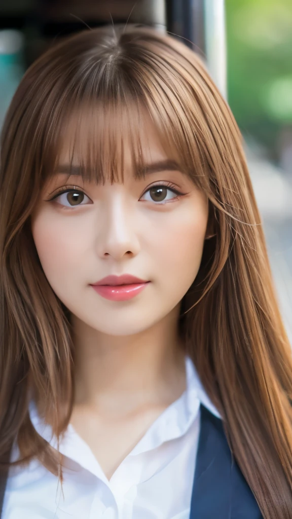 Best quality, 8k,  ,Masterpiece :1.3)), facing viewer,((full body1.2)) ,pretty woman, wide shot ,1girl, , selfie   , , Bus Stop,, brown hair  , bangs,ultra-detailed face, highly detailed lips, detailed eyes, double eyelid