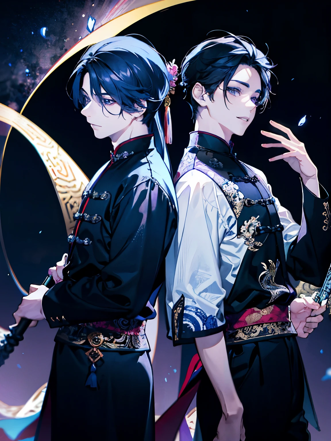 ((Two boys around 16 years old)),(Ancient Chinese style god of war costume in black, blue and purple),((dragon rising towards the sky)),((long hair:1.35)),ponytail,smile,Fantasy,(Bright atmosphere background),((Back to Back)),(There are lots of flowers)