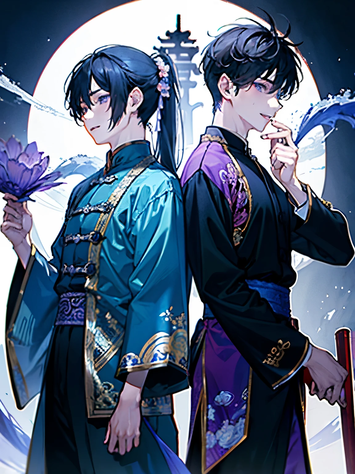 ((Two boys around 16 years old)),(Ancient Chinese style god of war costume in black, blue and purple),((dragon rising towards the sky)),((long hair:1.35)),ponytail,smile,Fantasy,(Bright atmosphere background),((Back to Back)),(There are lots of flowers)
