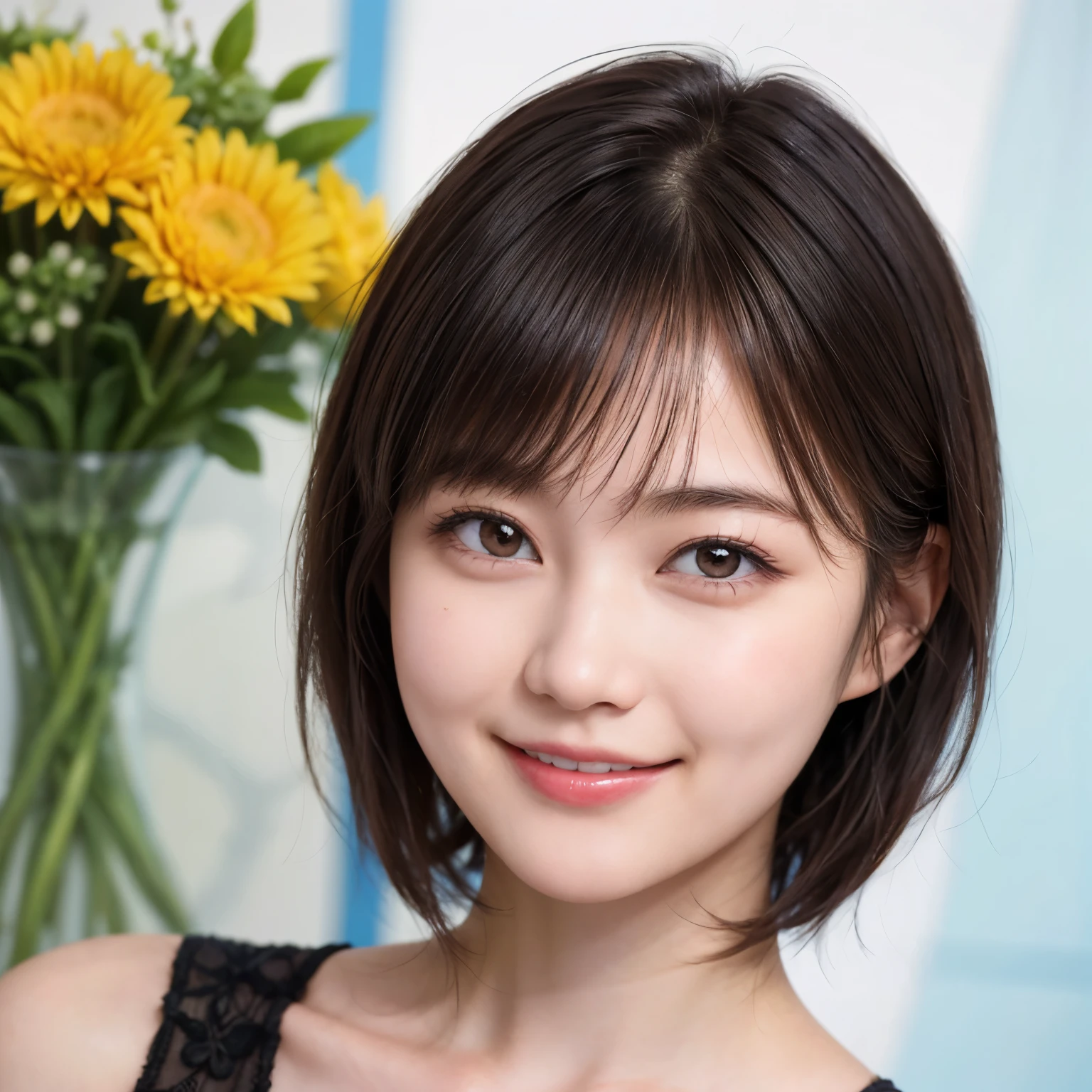 215 Short Hair, 20-year-old woman, A kind smile, Floral