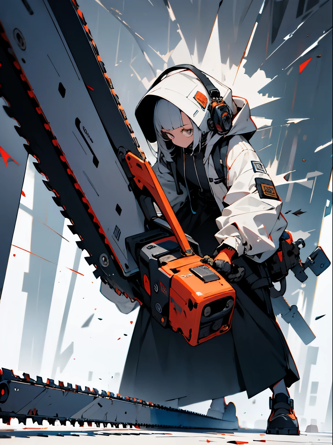 Absurd, High resolution, Super detailed,
One girl,oversized hooded jacket,whole body,
Holding a mechanical chainsaw,