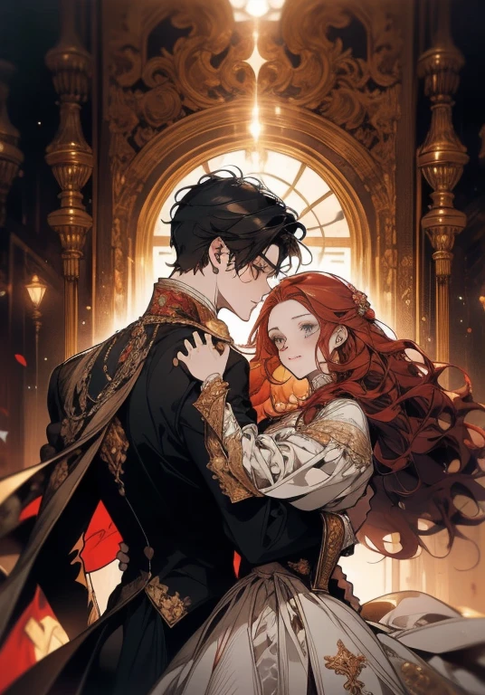 ((masterpieces)), best quality, exceptional illustration, a couple kissing, soft focus, 1 boy with short black hair, BLUE EYES, 1 girl with long wavy red hair, GOLDEN YELLOW EYES, Victorian clothing, Victorian romanticism, opulent and exquisite atmosphere, soft light and warm lighting.