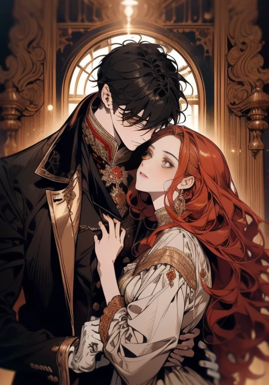 ((masterpieces)), best quality, exceptional illustration, a couple kissing, soft focus, 1 boy with short black hair, BLUE EYES, 1 girl with long wavy red hair, GOLDEN YELLOW EYES, Victorian clothing, Victorian romanticism, opulent and exquisite atmosphere, soft light and warm lighting.