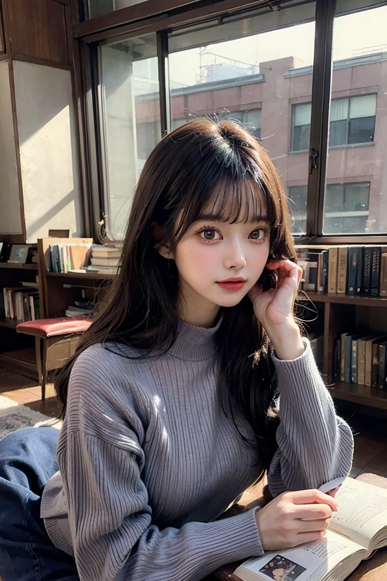 (masterpiece, 1980's anime illustration:1.1), sweet girl with long dark blue hair wearing oversized knit sweater, sitting cross-legged on floor of bookshop, open book in lap, reading intently, surrounded by stacks of old books, afternoon sun streaming in through window, illuminating floating dust in air, creating a cozy atmosphere, detailed old bindings on books, patterned rug on hardwood floor, retro anime style, warm lighting,Blunt Bangs, purple eyes, long dark blue hair