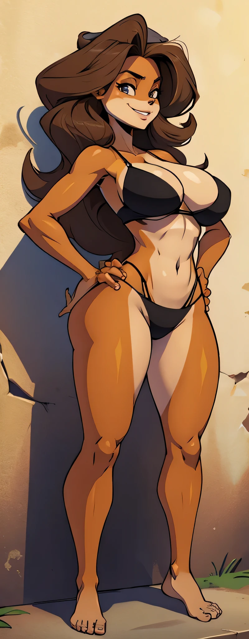 Masterpiece, best quality, Masterpiece, best quality, 1 woman, wavy brown hair, smile , sly face , black bikini , abdomen, big breasts , Long legs , Barefoot , hands on hips , building wall , community
