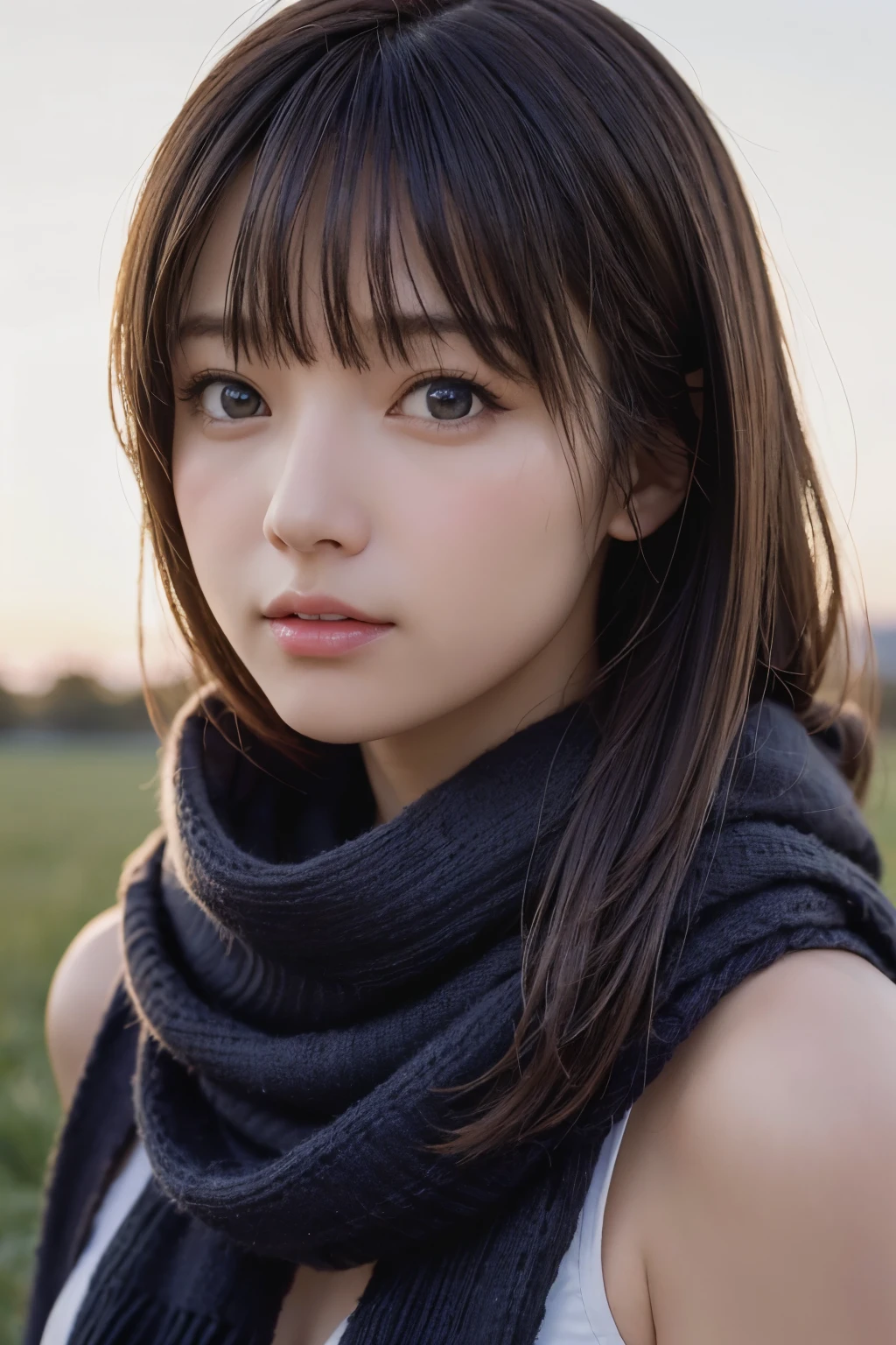 8k, highest quality, masterpiece, Realistic, Super detailed, photo Realistic, Improvement of quality, 
Photo of a girl standing in a field wearing a scarf, The designer&#39;s dark and gloomy style, Large chunk, Photobash, Calm face, Jagged Edges, navy, Natural Beauty, Close-up shot
