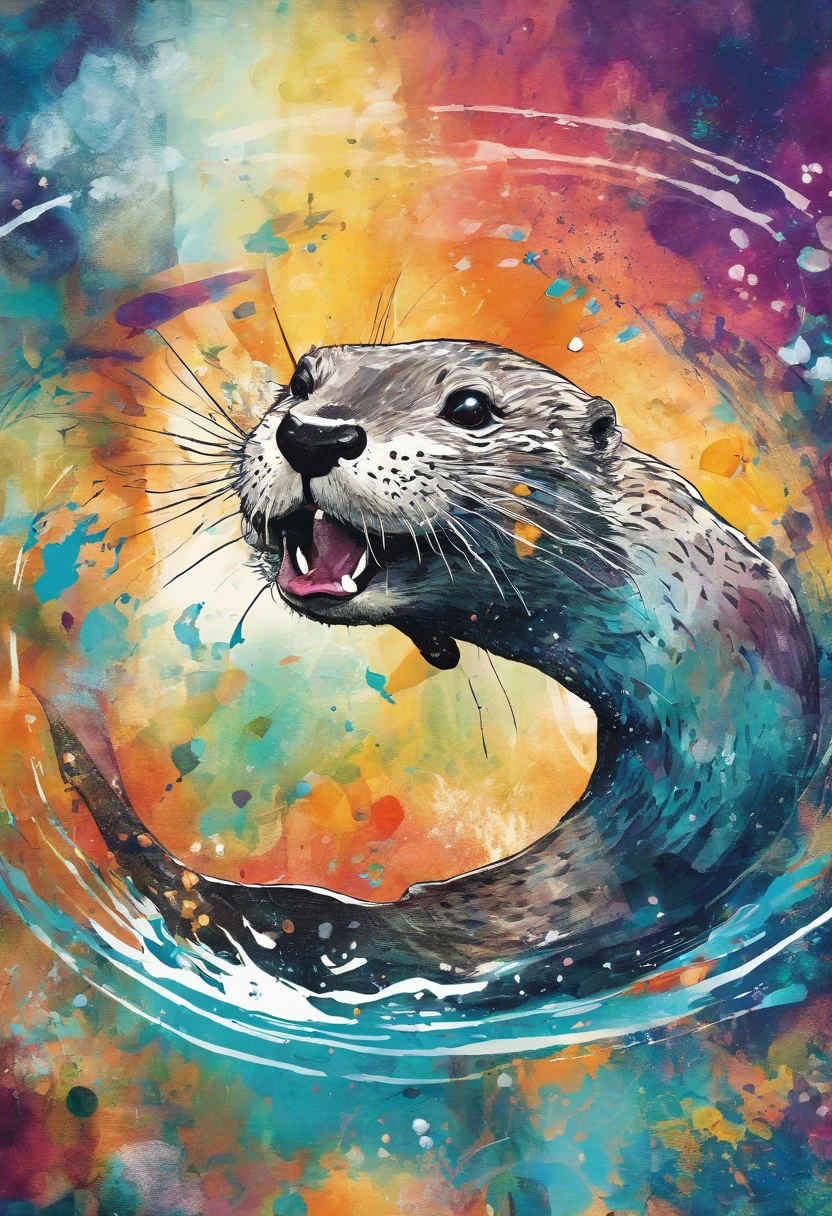 Happy spontaneous excited playful otter (mischievous expression), playful playful sparkling look, posture jeu dans un lac avec une truite, splashing, fond soleil d'été rayonnant (catch a trout in a lake) ::2 colorful ink painting ::2 art fantasy