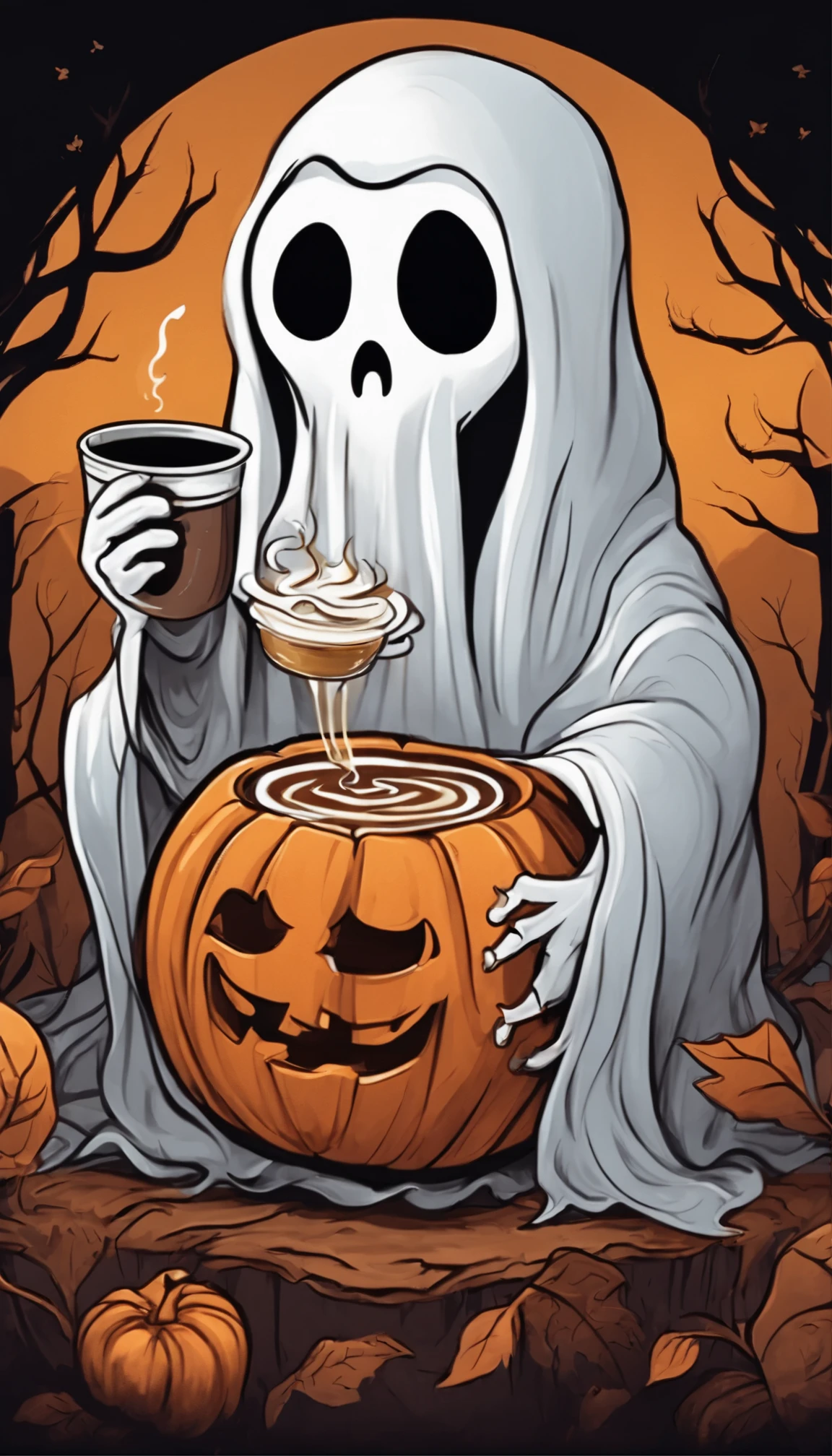 Cartoon style drawing of a cute ghost sitting on a pumpkin and drinking coffee