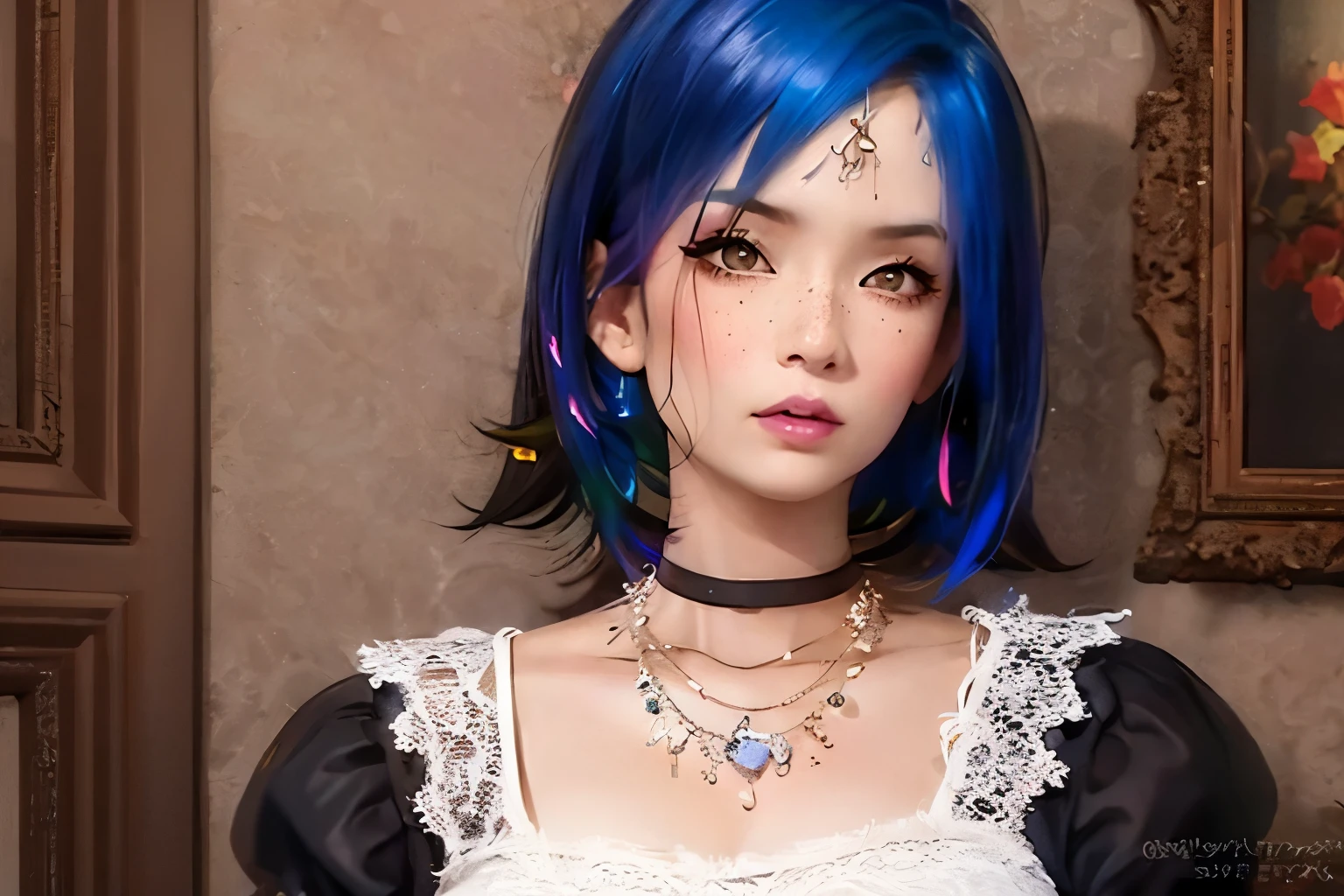 masterpiece, highest quality,3D rendering work ,3dmm style,close,Portraiture, 3D,1 girl, alone, Colorful Hair, Blue Hair, Black Hair, necklace, freckles, jewelry, two tone hair, When you look to the side, Realistic, Upper Body, Simple Background, bangs, avert your eyes, short hair, parted lips, black eye, lips, Gothic, choker, Compensate, Mole, black shirt, shirt, watermark