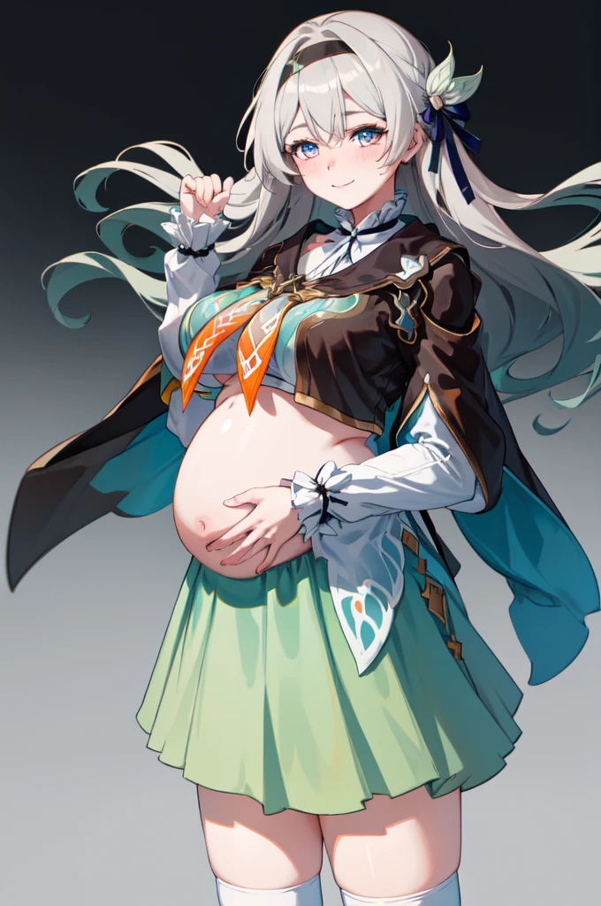 masterpiece, best quality, 1 Girl, Solitary,Gray hair, Long hair,Hair accessories,Black hair band, blue eyes, Long sleeve, Green skirt,Green knee socks,
Cowboy shooting, Gray background, Smile,Shut up,blush、(Pregnant woman with big belly,Large Breasts:1.8)