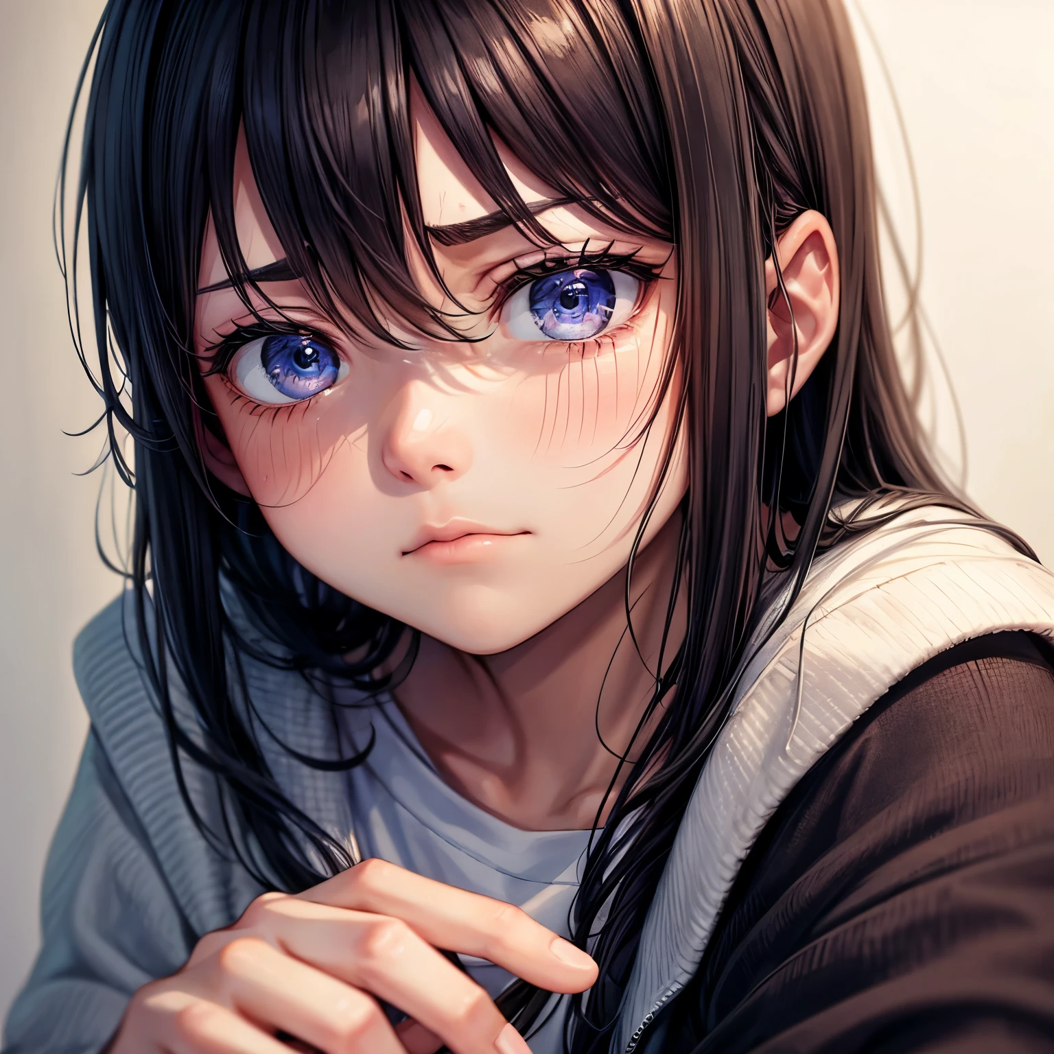Close-up of the person's face, showing exhaustion and frustration as they continue to work late into the night.]