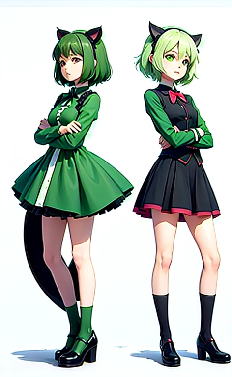 anime girl in green dress and black cat in green dress,  in dress, anime stylized, yuruyuri, various pose, flat anime style shading, made with anime painter studio, , stylized anime, sprites, in anime style, anime artstyle, touhou character, anime styled 3d, pixiv style, in an anime style