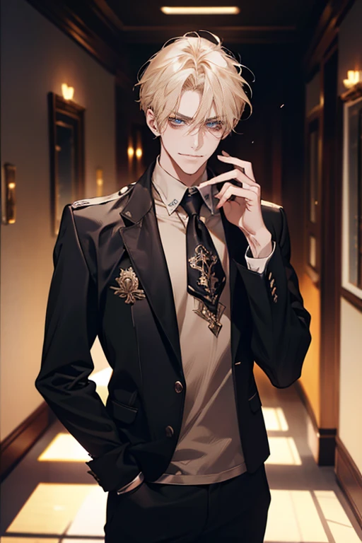 (tmasterpiece, high resolution, ultra - detailed:1.0), (1 boy, Young male, masculine face), Perfect male body, Adult male, Delicate eyes and delicate face, Extremely detailed CG, Unity 8k wallpaper, Complicated details, Detailed face, (blond hair, messy hair, serious faces, white T-shirt,Bad students), (frown,evil smile:1.3), hand in pocket, school corridor,black leather jacket, color difference, Depth of field, dramatic shadow, Ray tracing, Best quality, Cinematic lighting, offcial art,Portrait