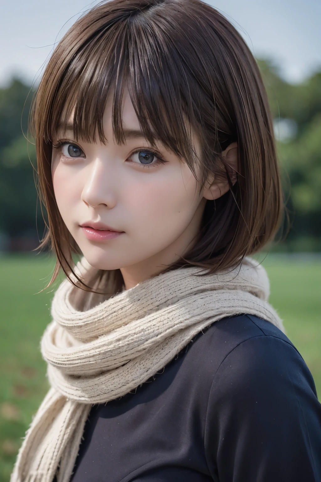 8k, highest quality, masterpiece, Realistic, Super detailed, photo Realistic, Improvement of quality,
Photo of a girl standing in a field wearing a scarf, The designer's dark and gloomy style, Large chunk, Photobash, Calm face, Jagged Edges, navy, Natural Beauty, Close-up shot