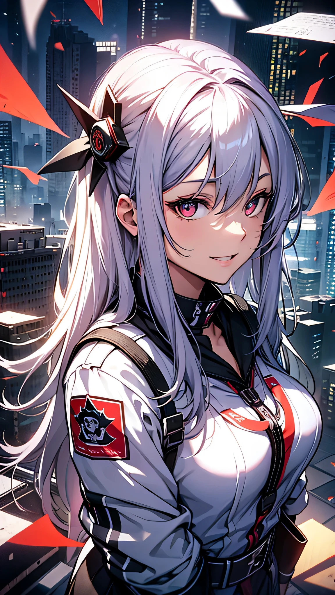 最high quality、Best image quality、masterpiece、girl((18-year-old、 By becoming、Best Bust、Medium Bust,Wide open breast tea、Red glowing eyes,Silver Hair、Disheveled Hair、Long Hair、thin,The highest valley、Open chest、White wristband、smile、hair ornamentany accessories、White see-through shirt、Gal Style、Angle from directly above)),high quality、Beautiful art、background((Stylish office district))、Flight、Flying debris、Written boundary depth、movie、Visual Arts、Perfect art、8K,Genuine、