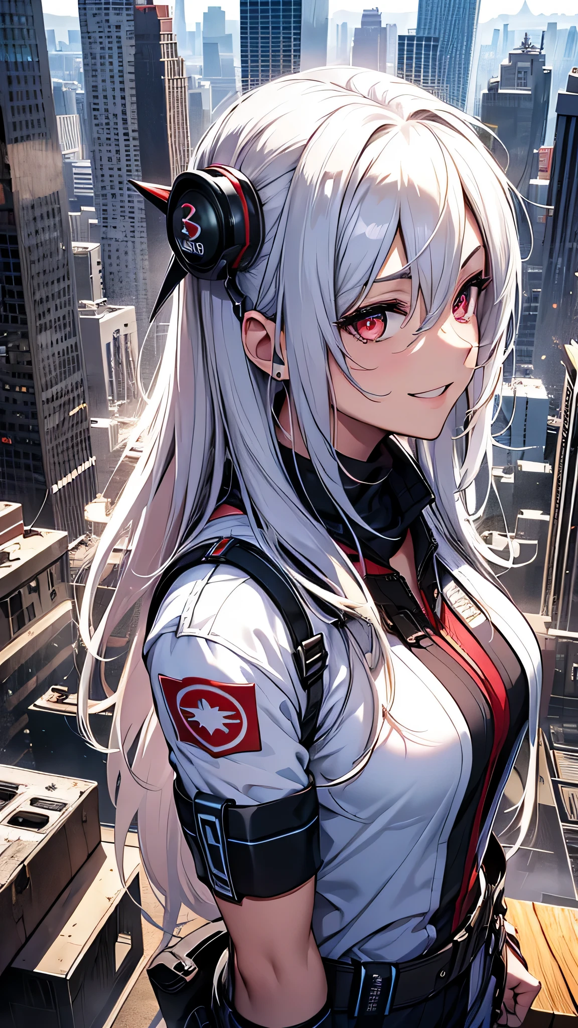最high quality、Best image quality、masterpiece、girl((18-year-old、 By becoming、Best Bust、Medium Bust,Wide open breast tea、Red glowing eyes,Silver Hair、Disheveled Hair、Long Hair、thin,The highest valley、Open chest、White wristband、smile、hair ornamentany accessories、White see-through shirt、Gal Style、Angle from directly above)),high quality、Beautiful art、background((Stylish office district))、Flight、Flying debris、Written boundary depth、movie、Visual Arts、Perfect art、8K,Genuine、