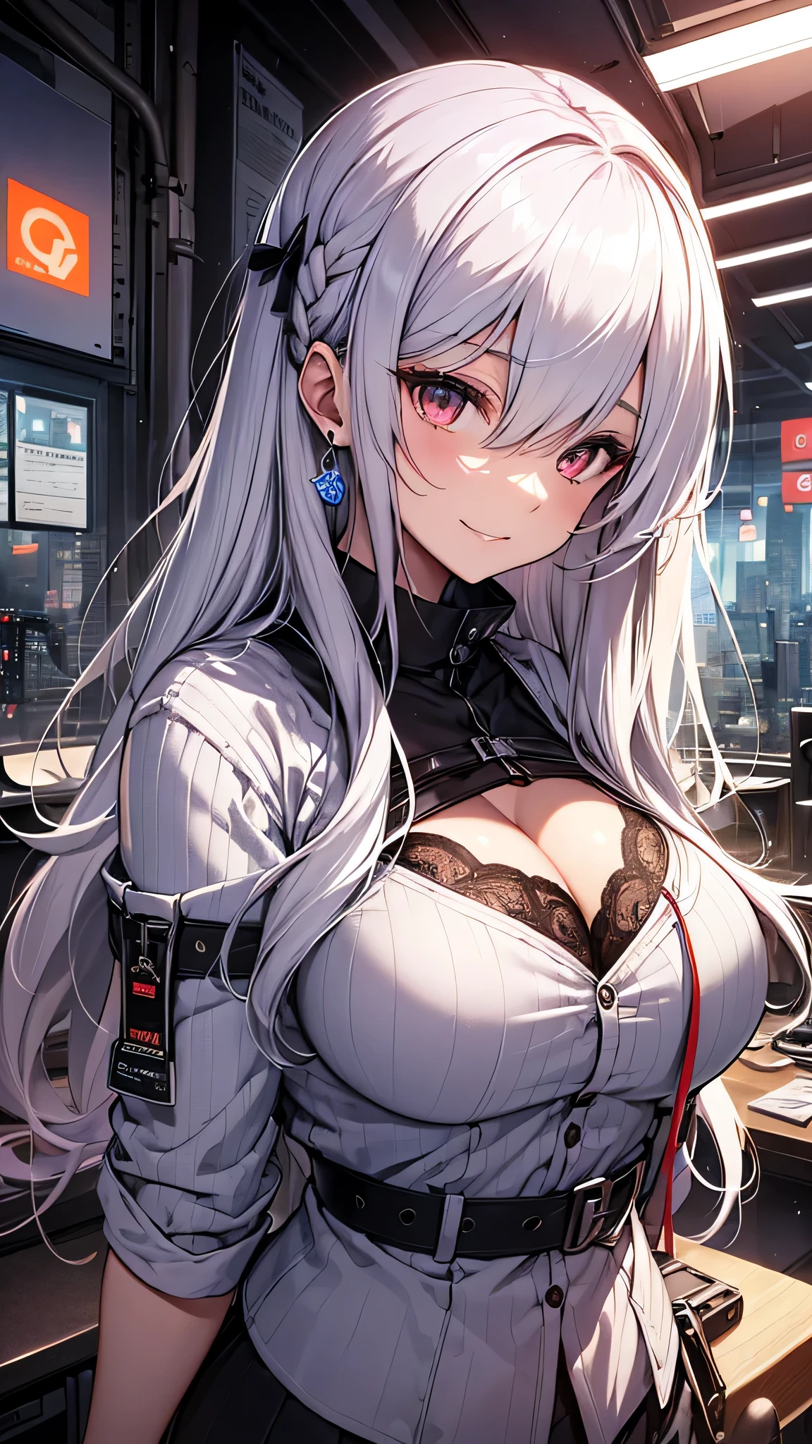 最high quality、Best image quality、masterpiece、girl((18-year-old、 By becoming、Best Bust、Medium Bust,Wide open breast tea、Red glowing eyes,Silver Hair、Disheveled Hair、Long Hair、thin,The highest valley、Open chest、White wristband、smile、hair ornamentany accessories、White see-through shirt、Gal Style、Angle from directly above)),high quality、Beautiful art、background((Stylish office district))、Flight、Flying debris、Written boundary depth、movie、Visual Arts、Perfect art、8K,Genuine、