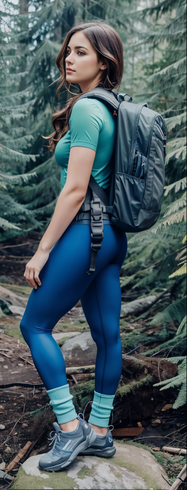 shapely woman in blue tights and a backpack standing on a rock, roupas de caminhada, bolsa na cintura, carrying survival gear, vestindo equipamento de aventura, cintura - tiro, 🤬 🤮 💕 🎀, fotografia de uma mulher techwear, de volta - tiro, Close-up, close-up, full body Close-up