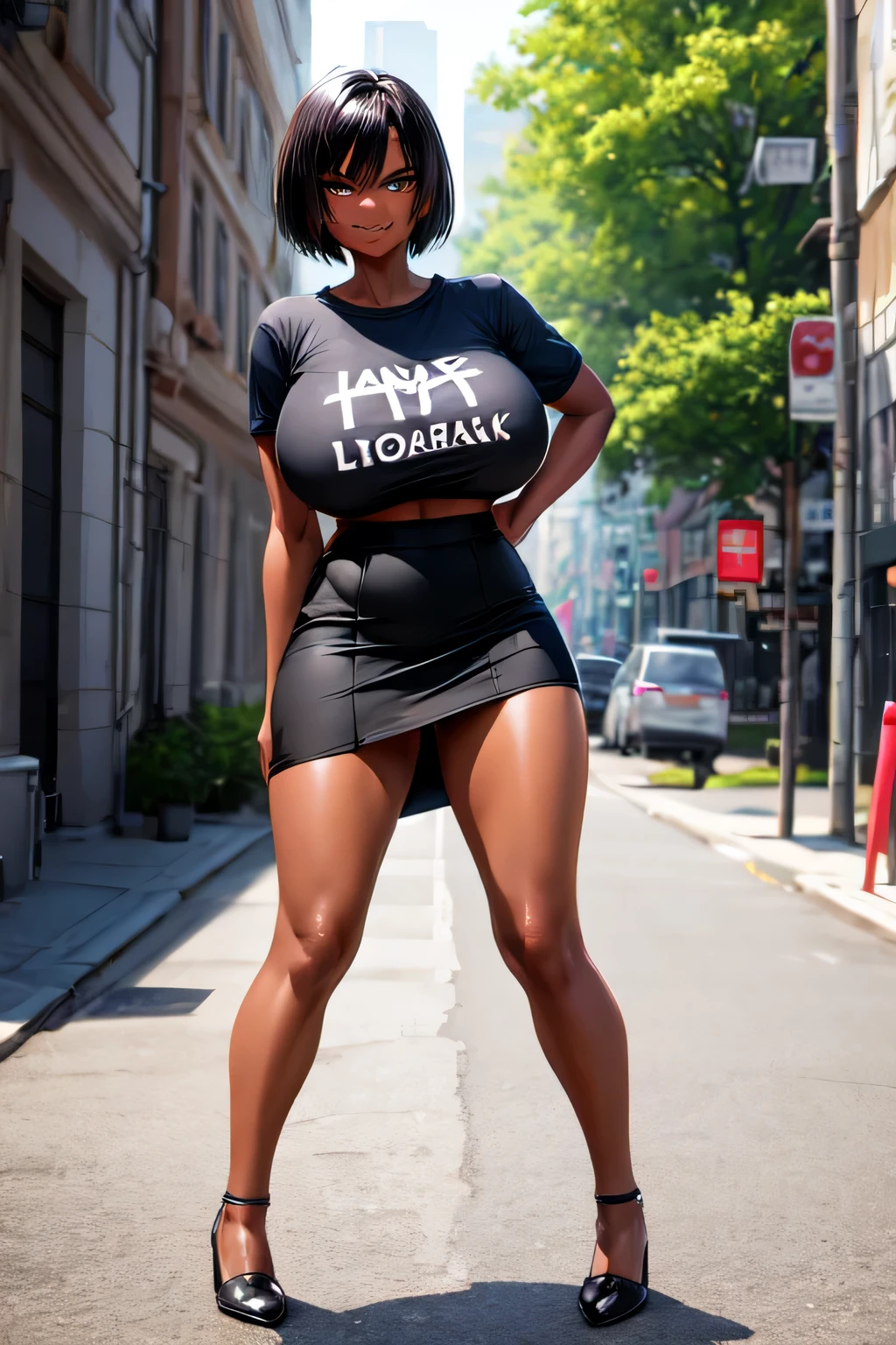 short black hair, tall, shiny skin, glossy skin, huge breasts, fit, dark skin, very dark skin, tall, very long legs, angry smile, no panties, pussy, skirt lift, t-shirt, short skirt, 