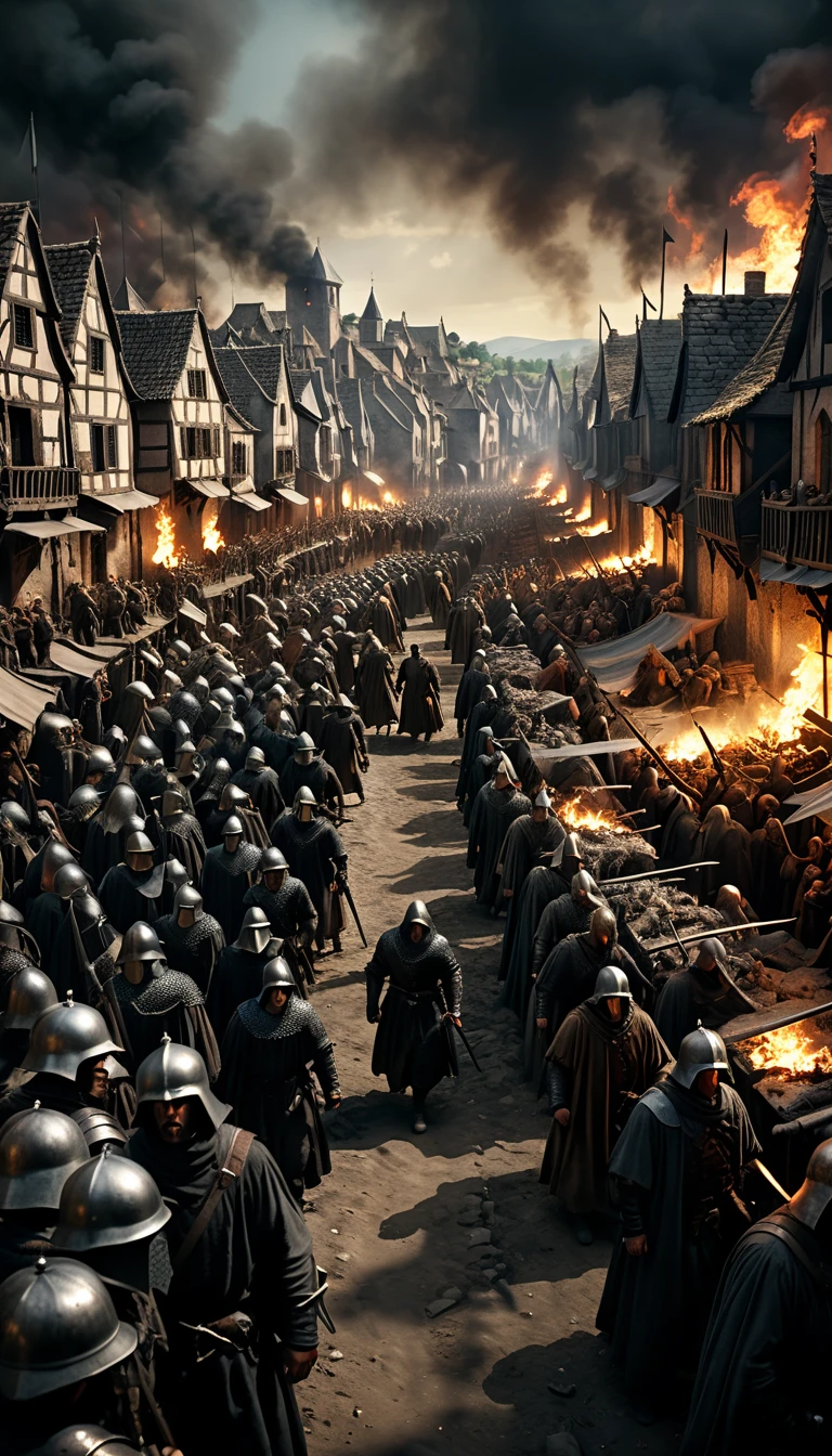 Illustration of a town under siege, with both warfare and the black death ravaging the population, background cinematic, hyper realistic, ultra detailed hyper realistic, photorealistic, Studio Lighting, reflections, dynamic pose, Cinematic, historical accuracy, Color Grading, Photography, Shot on 50mm lens, Ultra-Wide Angle, Depth of Field, hyper-detailed, beautifully color, 8k