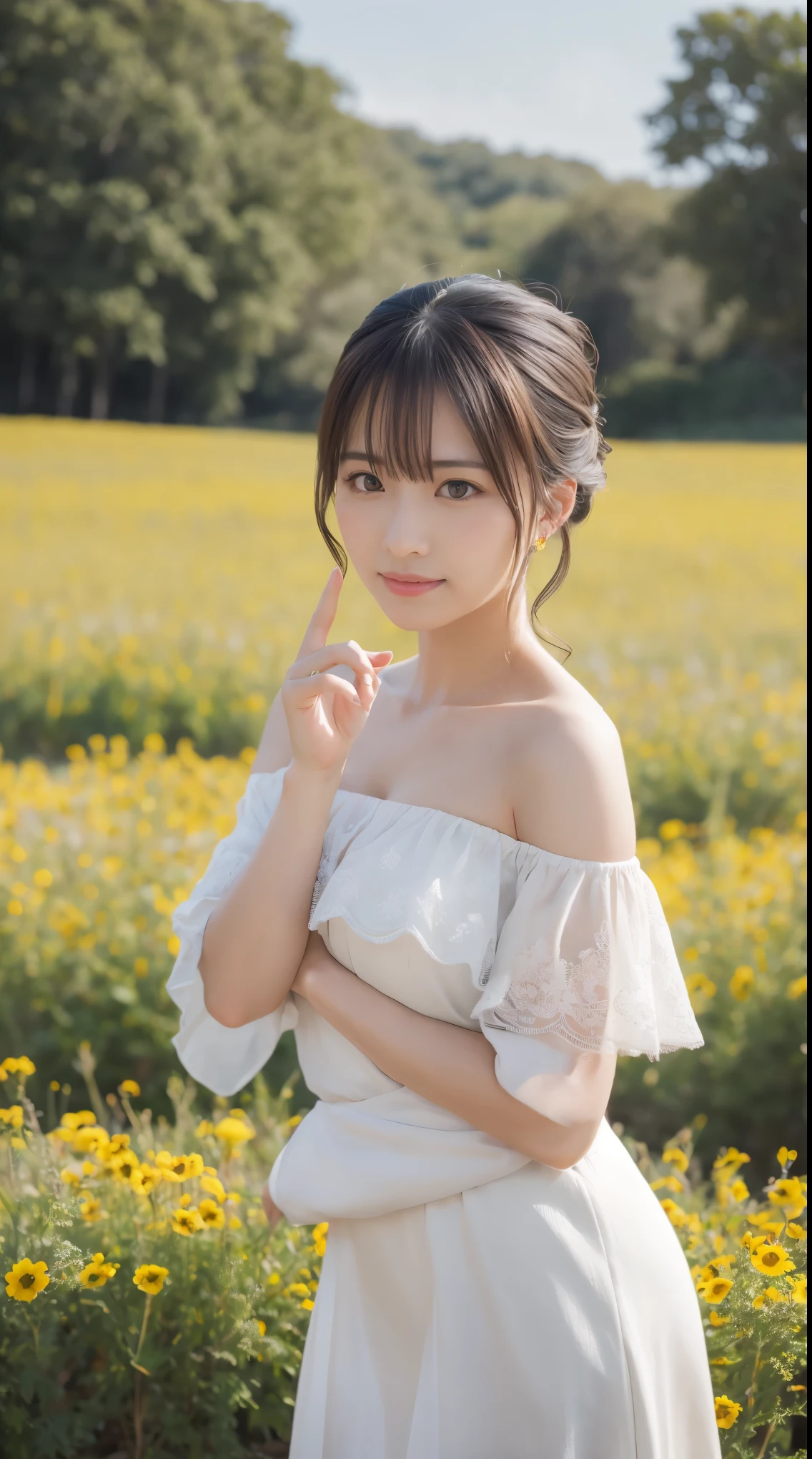 masterpiece, highest quality, Ultra-high resolution, Fluorescent color,, 1 girl, Looking at the audience, Beautiful Face, Beautiful Eyes, (Off the shoulder: 1.2), Lift your head, Upper Body, forest, Shiny Hair, Shiny skin, Shining cut, Little, Adjusting the Finger Ratio、Flower Field、Under the sky、uniform