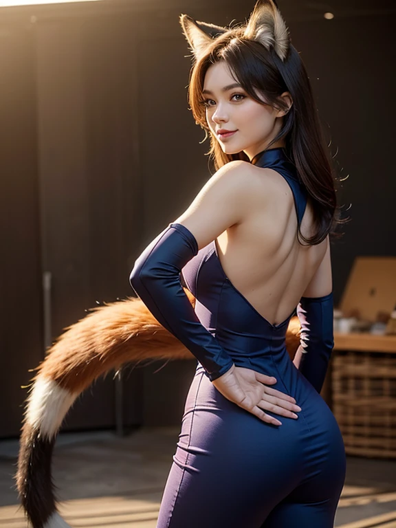 ((highest quality, 32k)), ((masterpiece)), (Familiar), Perfect Face, Fox Girl, Beautiful woman, public, Has a tail, She has a fluffy tail, She has a red fox&#39;s tail., She wags her tail, smile, bell collar, She is wearing a pantsuit, Beautiful Hips, Big Breasts, Big tail, A tail sticking out from a pantsuit, she turns around