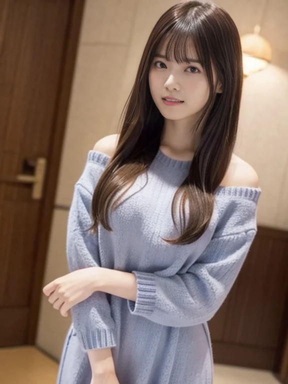 masterpiece、1 beautiful girl、Detailed eyes、Puffy eyes、highest quality, 超A high resolution, (Reality: 1.4), Cinema Lighting、Japanese、Asian Beauty、Super Beauty、Beautiful Skin、Slender、Body facing forward、(Surreal)、(High resolution)、(8k)、(Very detailed)、(Beautiful and detailed eyes)、(Ultra-detailed)、 (wall-)、Detailed face、Bright lighting、Professional Lighting、View your viewers、Look straight ahead、(The costume is a knit dress)、Huge Breasts、Voluptuous thighs、Long Hair, My hair is messy, Asymmetrical bangs, 、Night Scenery、brown hair、Japanese Idol、Gravure idol pose、、21 years old、expensive, smile,