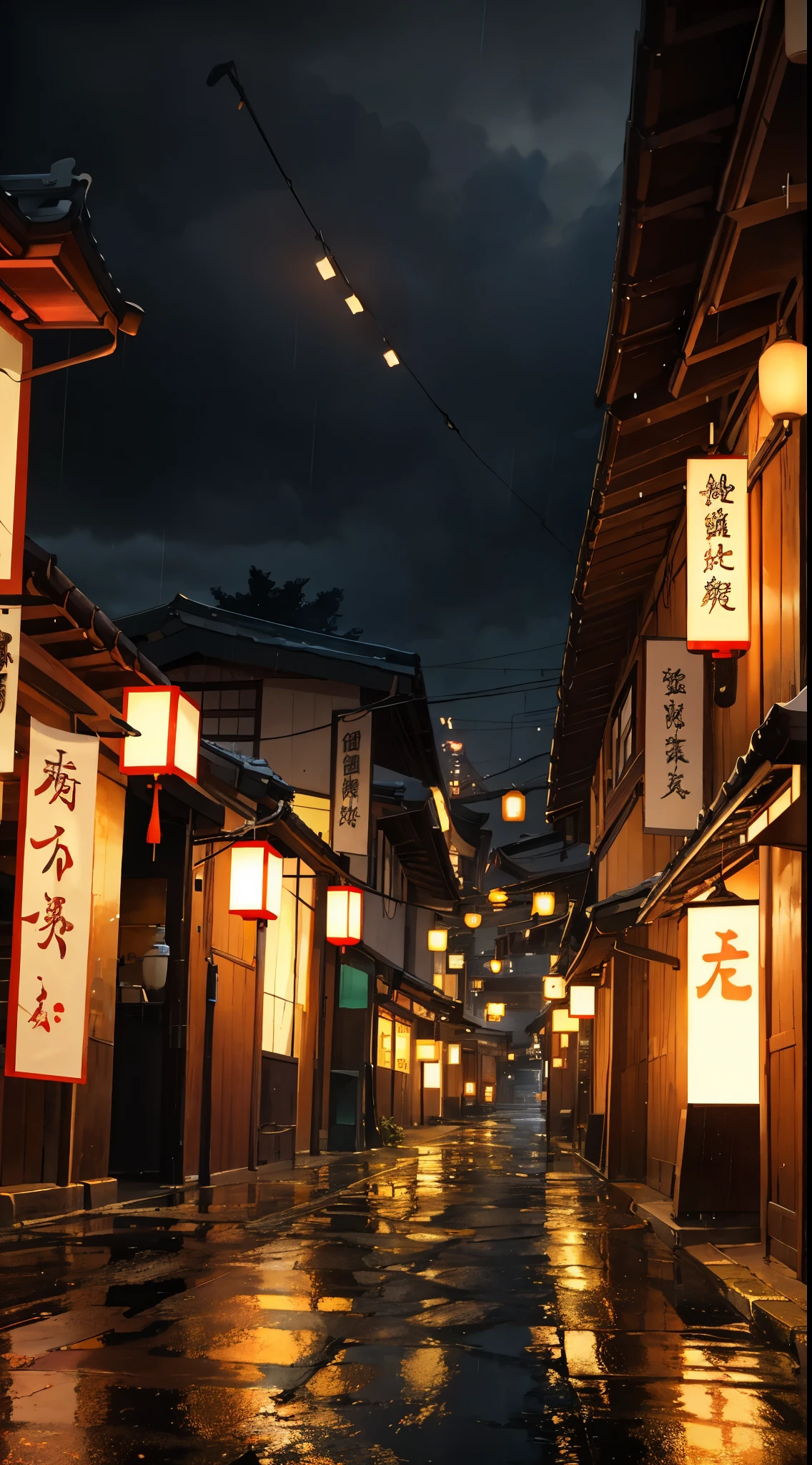 A view of the village with many lights on the buildings, Dreamy city in China, Chinese Village, Awesome Wallpapers, Japanese Town, Japanese Village, 超リアルな町のphotograph, Old Asian Village, Japanese cities, Raymond Han, Rainy night, Cyberpunk Chinese Ancient Castle, beautifully照らされた建物, Rainy Evening, beautifully、aesthetic, photograph, Cinematic, 8k, High resolution ((heavy rain)))