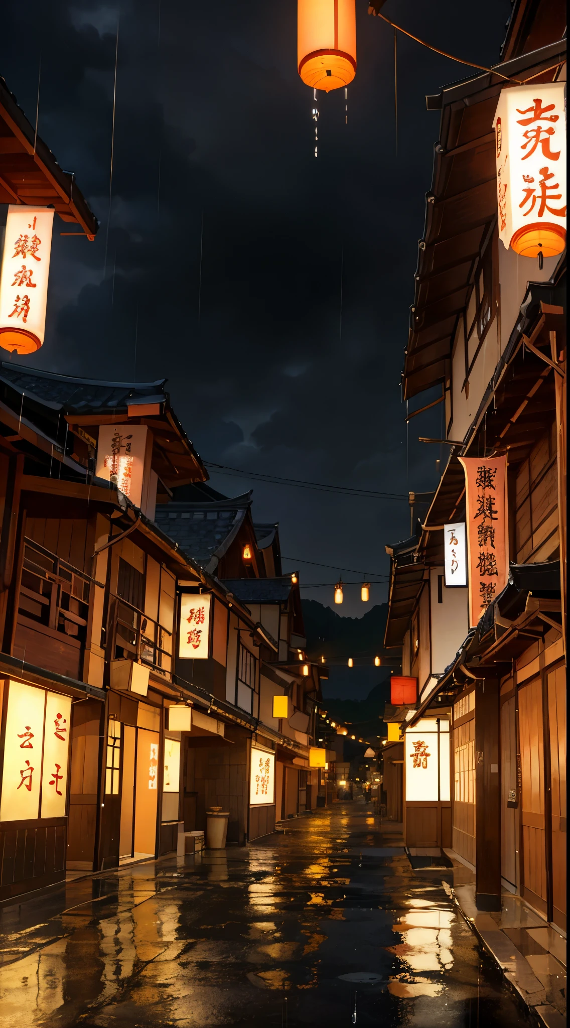 A view of the village with many lights on the buildings, Dreamy city in China, Chinese Village, Awesome Wallpapers, Japanese Town, Japanese Village, 超リアルな町のphotograph, Old Asian Village, Japanese cities, Raymond Han, Rainy night, Cyberpunk Chinese Ancient Castle, beautifully照らされた建物, Rainy Evening, beautifully、aesthetic, photograph, Cinematic, 8k, High resolution ((heavy rain)))