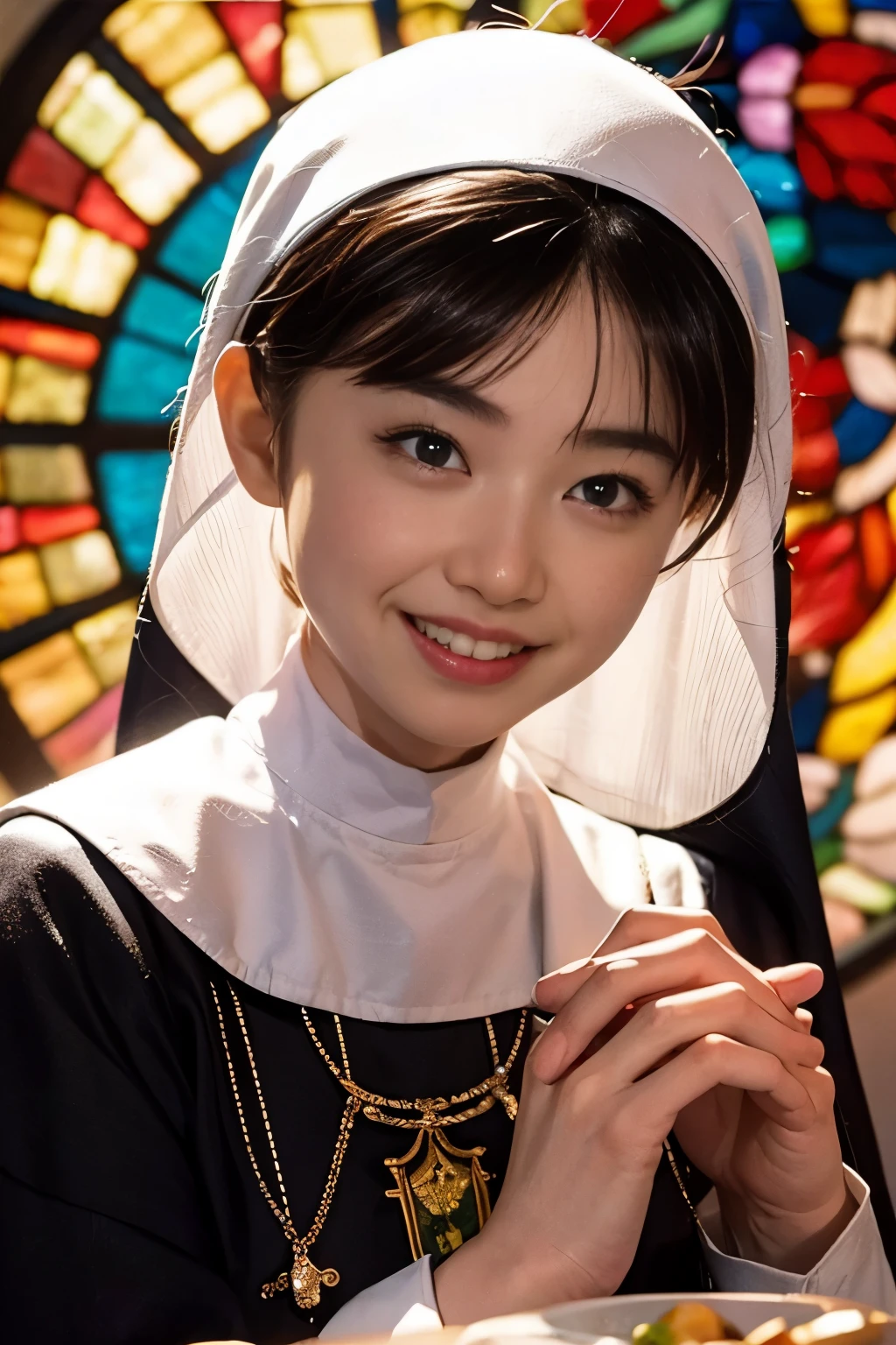 (Ogawa Noriko), Tabletop、High resolution、No costume、１With a girl、Beautiful nun、9th grade、View your viewers、smile、Bowl Cut、The background is the monastery、glitter background、beautiful stained glass、The skin is white and clear、Beautiful nun praying to God、angel&#39;s smile、