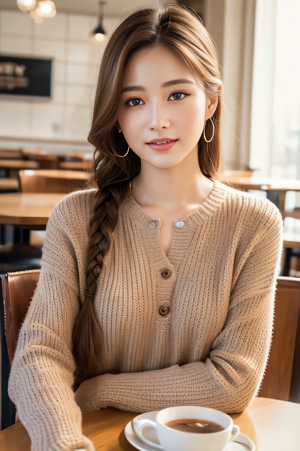 highest quality, Realistic, Super detailed, finely, High resolution, 8K Wallpaper, 1. Beautiful Women, Sharp focus, Perfect dynamic composition, Detailed and beautiful eyes, Detailed and realistic skin texture、I'm in a cafe、Chatting、happy expression、Braided Hair Styles、Open Leg、Wearing knitwear