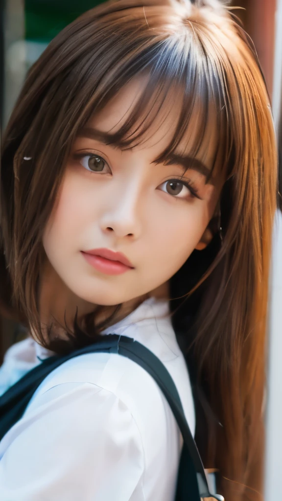 Best quality, 8k,  ,Masterpiece :1.3)), facing viewer,((full body1.2)) ,pretty woman, wide shot ,1girl, , selfie   , , Bus Stop,, brown hair  , bangs,ultra-detailed face, highly detailed lips, detailed eyes, double eyelid