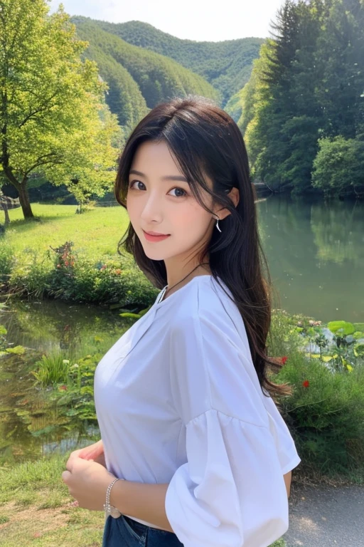 ((highest quality)), ((masterpiece)), (Familiar), Woman with perfect face、Japanese、2４Year、landscape、（Side bust）