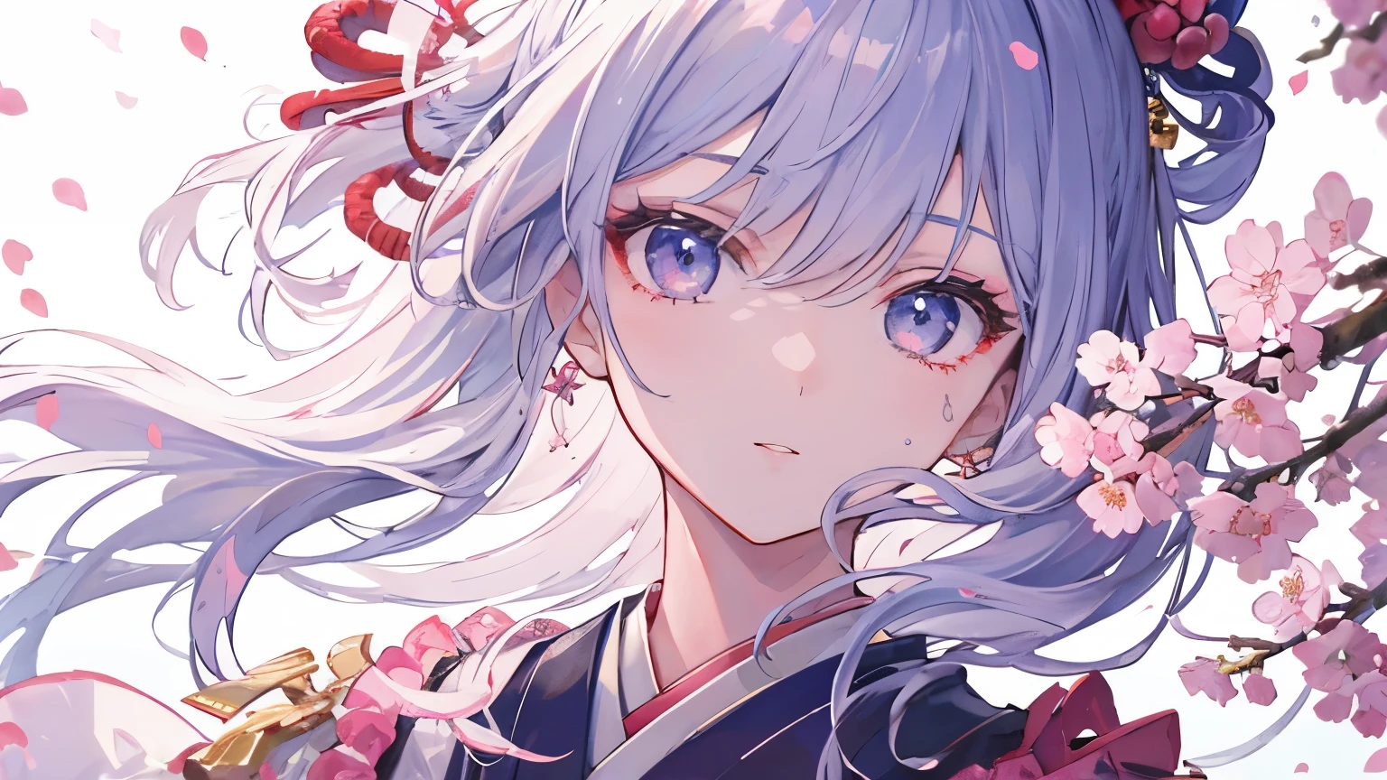 ((highest quality)), ((masterpiece)), (detailed), Perfect Face,1girl,Japanese-style battle scene is colored by cherry blossom petals dancing in the wind.