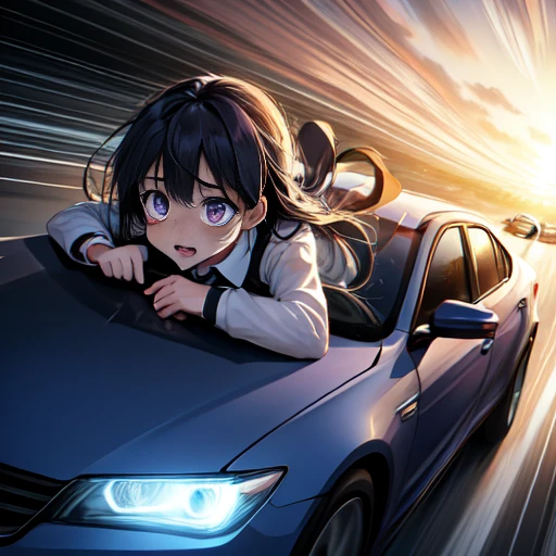 masterpiece,highest quality,Very detailed,One girl,alone,scared,Panic,The pupils constrict,shout,Raise your eyebrows,Eyes Wide Open,Are crying,tears,
Check it out,Purple eyes,Black Hair,Long Hair,Uniform sake,Green ribbon,Long sleeve,Two-tone dress,Pleated dress,Collared shirt,Knee-high,
Breaking the Lying Down,lying on top of car,whole body,(car,road,road sign),Glass,(((地上car両,license plate,Light,Light rays))),Handbags,loafers,handle,close,