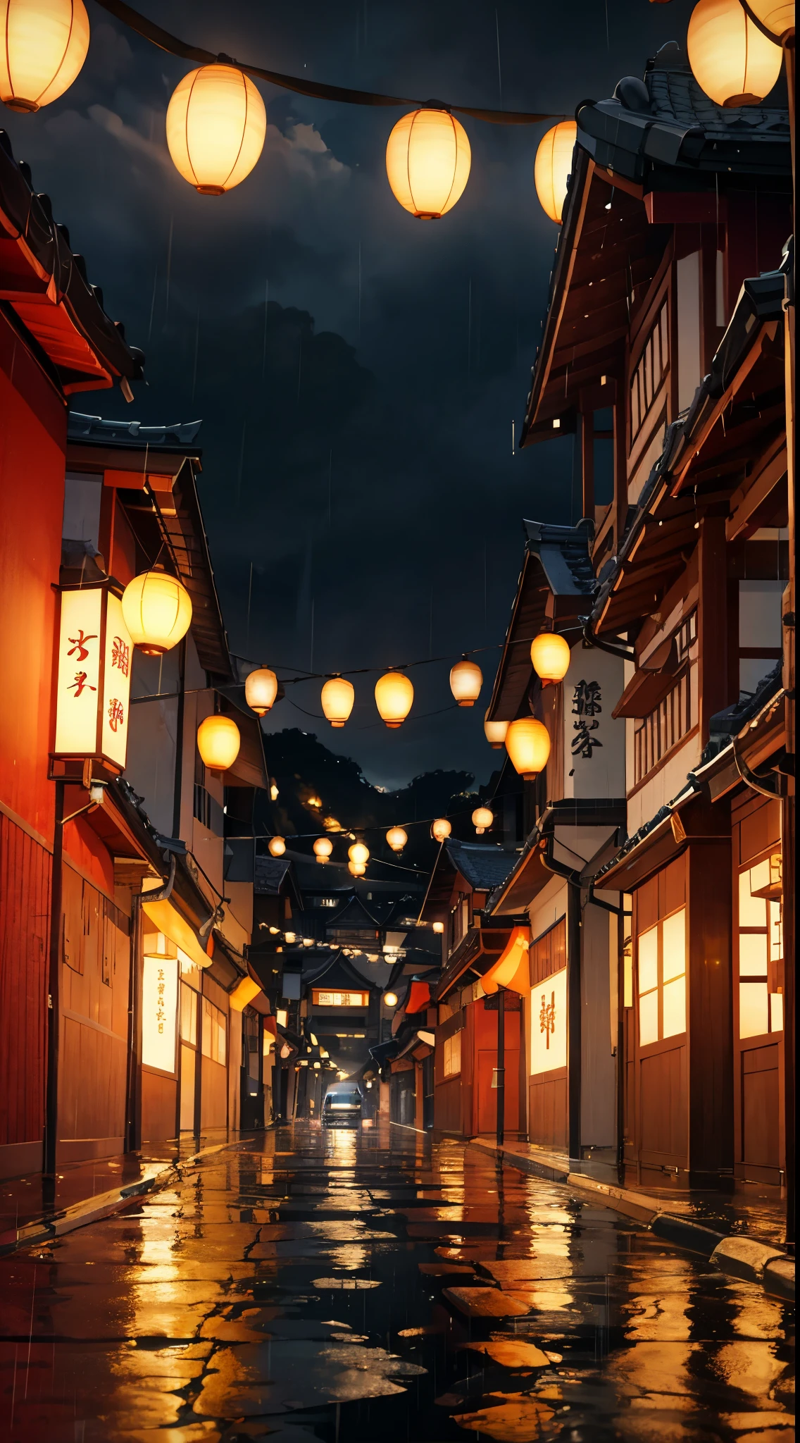 A view of the village with many lights on the buildings, Dreamy city in China, Chinese Village, Awesome Wallpapers, Japanese Town, Japanese Village, 超リアルな町のphotograph, Old Asian Village, Japanese cities, Raymond Han, Rainy night, Cyberpunk Chinese Ancient Castle, beautifully照らされた建物, Rainy Evening, beautifully、aesthetic, photograph, Cinematic, 8k, High resolution ((heavy rain)))