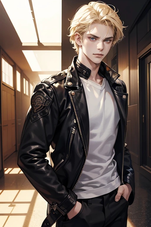 (tmasterpiece, high resolution, ultra - detailed:1.0), (1 boy, Young male, masculine face), Perfect male body, Adult male, Delicate eyes and delicate face, Extremely detailed CG, Unity 8k wallpaper, Complicated details, Detailed face, (blond hair, messy hair, serious faces, white T-shirt,Bad students), (frown,evil smile:1.3), hand in pocket, school corridor,black leather jacket, color difference, Depth of field, dramatic shadow, Ray tracing, Best quality, Cinematic lighting, offcial art,Portrait