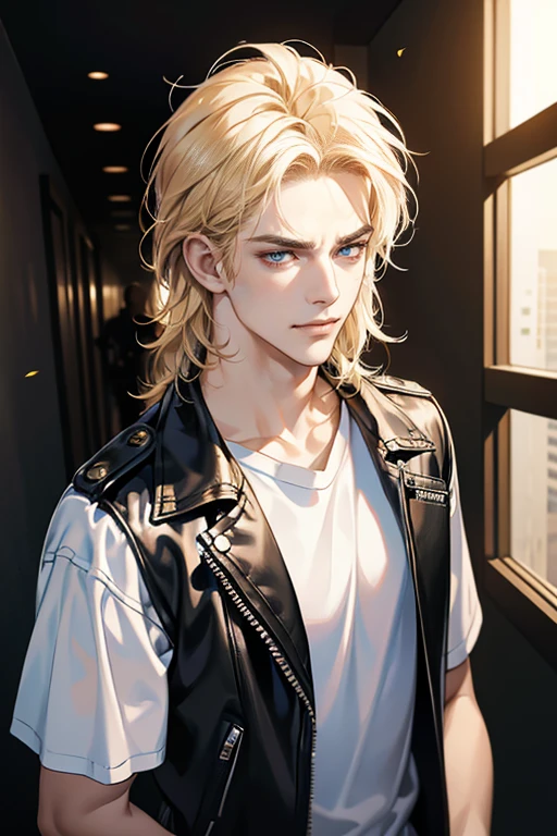 (tmasterpiece, high resolution, ultra - detailed:1.0), (1 boy, Young male, masculine face), Perfect male body, Adult male, Delicate eyes and delicate face, Extremely detailed CG, Unity 8k wallpaper, Complicated details, Detailed face, (blond hair, messy hair, serious faces, white T-shirt,Bad students), (frown,evil smile:1.3), hand in pocket, school corridor,black leather jacket, color difference, Depth of field, dramatic shadow, Ray tracing, Best quality, Cinematic lighting, offcial art,Portrait
