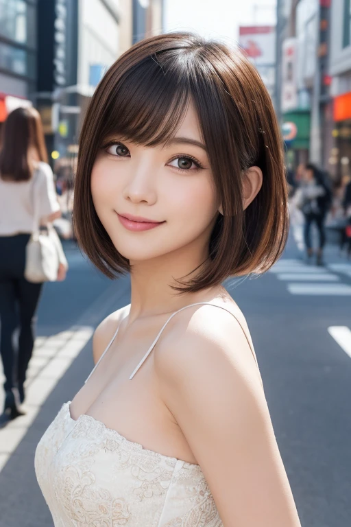masutepiece, Best Quality, Illustration, Ultra-detailed, finely detail, hight resolution, 8K Wallpaper, Perfect dynamic composition, Beautiful detailed eyes, Women's Fashion,Very short hair,Small breasts natural color lip, Bold sexy poses,Smile,Harajuku、20 years girl、Cute、Sexy shot looking at camera、pesant dress、Background outdoor