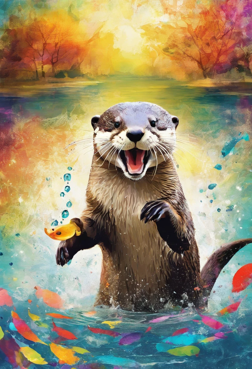 Happy spontaneous excited playful otter (mischievous expression), playful playful sparkling look, posture jeu dans un lac avec une truite, splashing, fond soleil d'été rayonnant (catch a trout in a lake) ::2 colorful ink painting ::2 art fantasy
