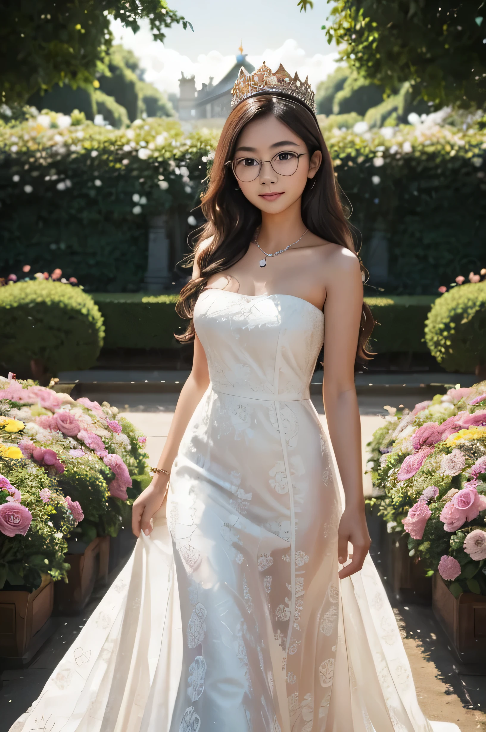 detailed face of half  body photo. 25 year old Indonesian girl with a sweet  face,  big  round face and long brown wavy hair, round glasses, wearing a white, sleeveless, strapless Queen Elizabeth gown complete with patterns, embellishments and a diamond crown, walking in front of the flower garden of Buckingham Palace at dawn