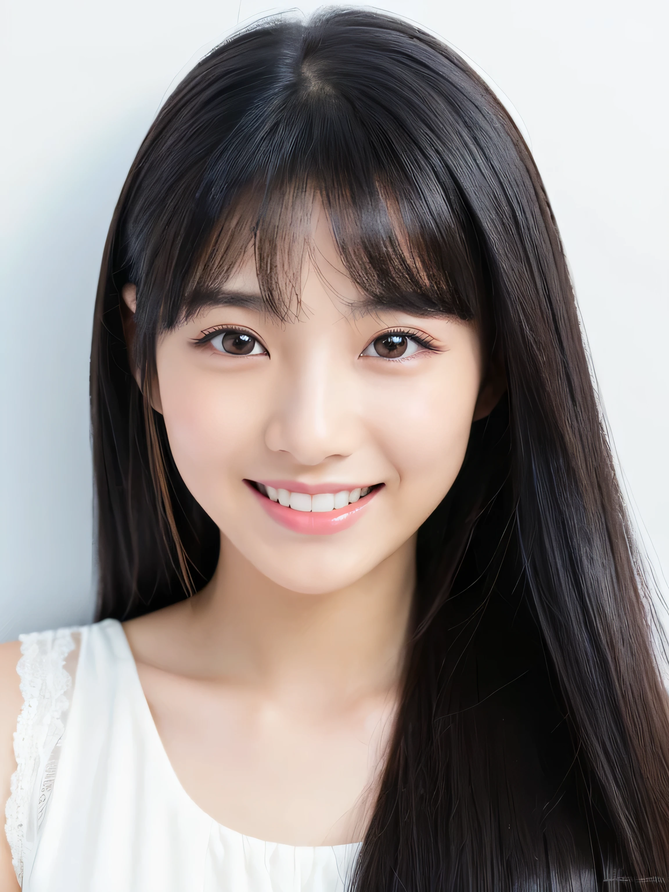 (Pure white wall background:1.3. White Bed:1.There are three) 　(Photo of upper body from waist up)　(JapaneseSoloPhotoshoot&#39;The most beautiful 12-year-old junior high school student))　((Her deep black hair is incredibly straight and very long..　Very long hair　Very high quality, Shiny deep black Absolutely Very long hair　Very long hair、Absolutely Very long hair with Beautiful Deep Black　Absolutely Very long hair with deep black hair and high quality　 Very long hair like silk　 Jet black hair and extremely long hair　Very long hair with Deep Black Hair of High Quality　Thinning hair　And that is&#39;rich　Extremely Long Hair with very detailed and high quality deep black hair))　((highest quality)), ((masterpiece)), (familiar)　(Get used to it)　Perfect Face　(Her skin is a typical Japanese skin color......、Very detailed)　(She is wearing a white dress with lots of lace..)　(She has a beautiful face and a typical Japanese figure...., Narrow eyes.)　(Her bangs Well Organized)　((rich 1.4))　(Extremely detailed 8K)　(Stable Diffusion Model)　(Ultra-fine skin texture 1.4)　(Actual, Vibrant:1.4), double eyelid　Sharp focus:1.2、Beautiful woman:1.4　Dynamic Lighting　(Genuine RAW photos taken by professional photographers)　　(Her long bangs、Well Organized)　(Turn your whole body to the viewer)　Professionally lit from the front　(She is looking at the viewer with her mouth wide open and a big smile.)　Her name is Takaki＿true love