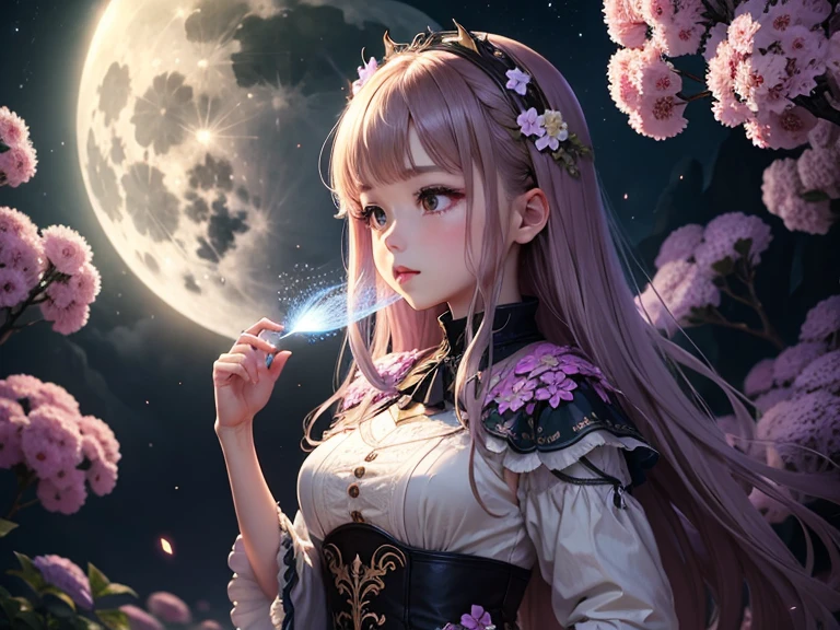 Moss phlox in full bloom、full moon、Particles of light、Fantasy