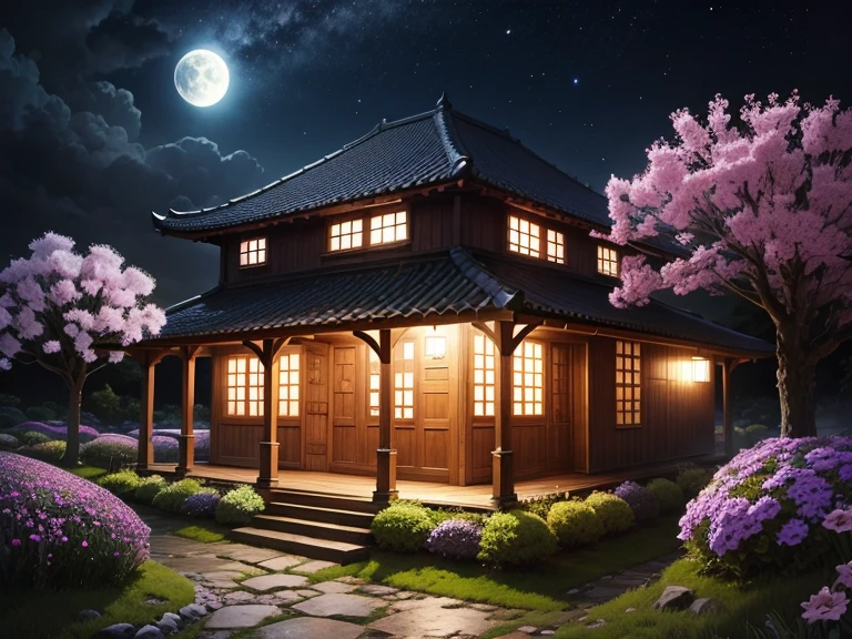 Moss phlox in full bloom、full moon、Particles of light、Fantasy